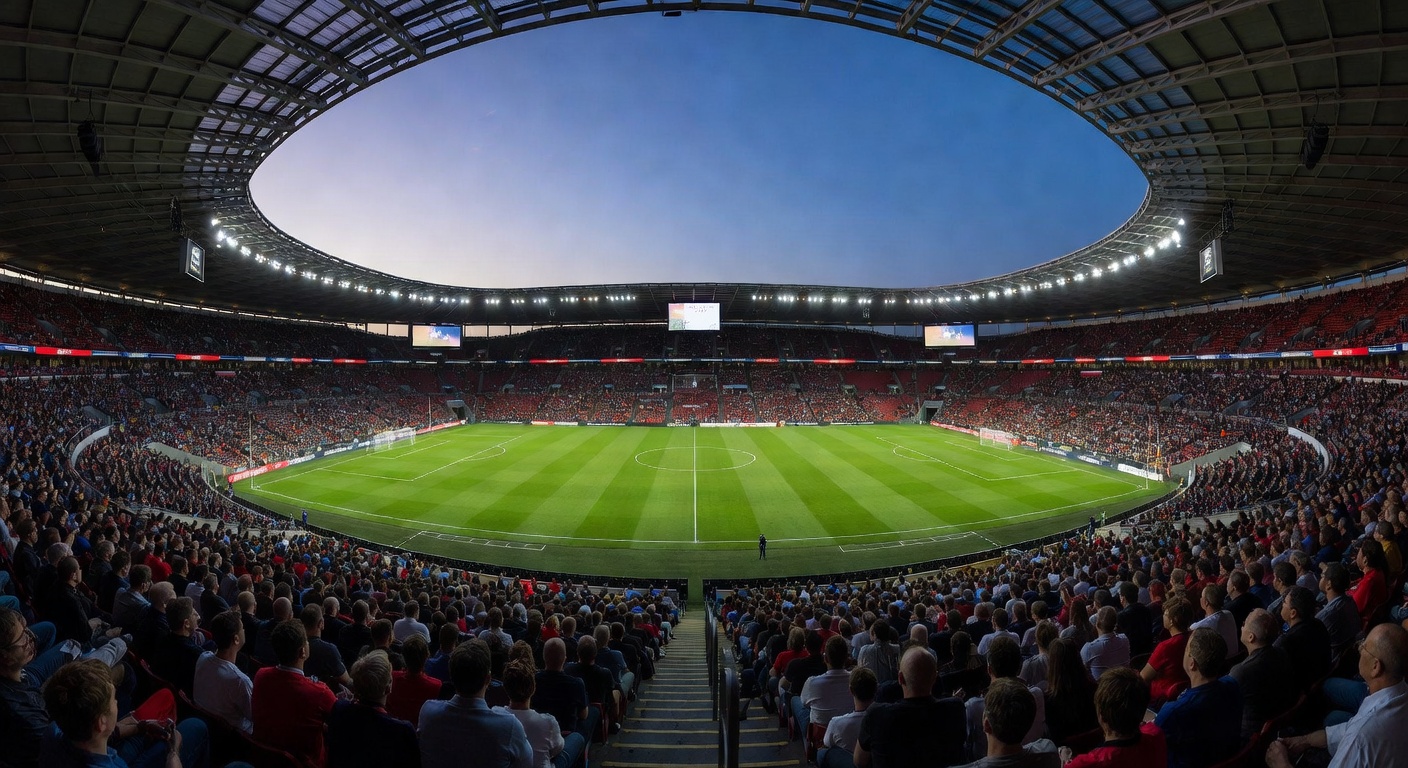 An epic panoramic view of a professional football stadium lit up by powerful spotlights at dusk